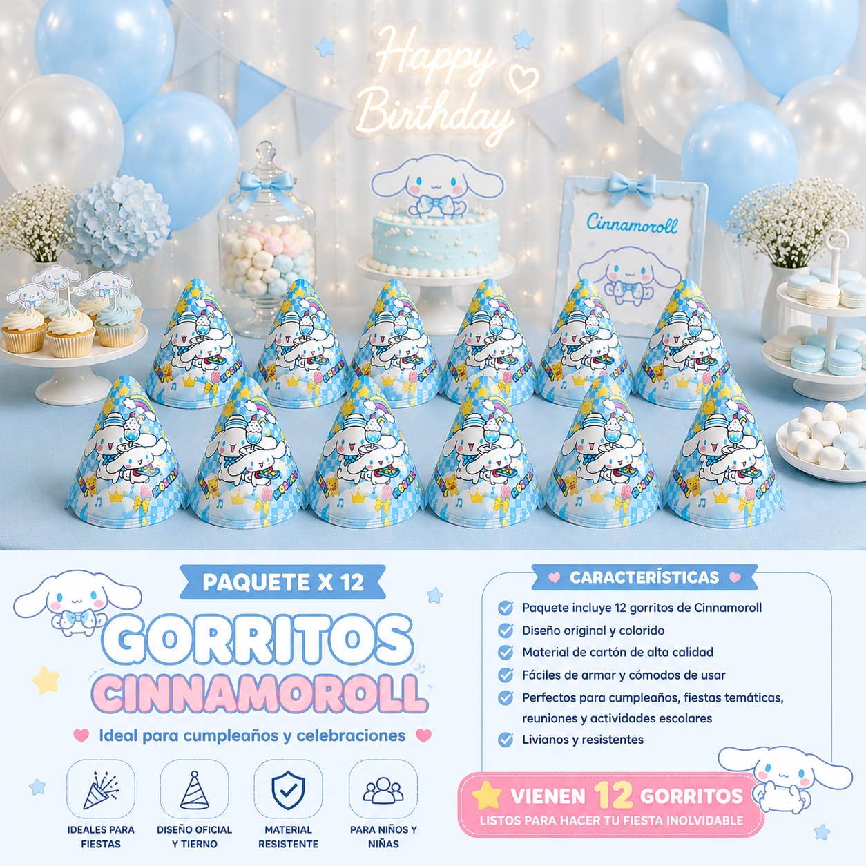 Gorritos para Cumpleaños Cinnamoroll x12 Unidades